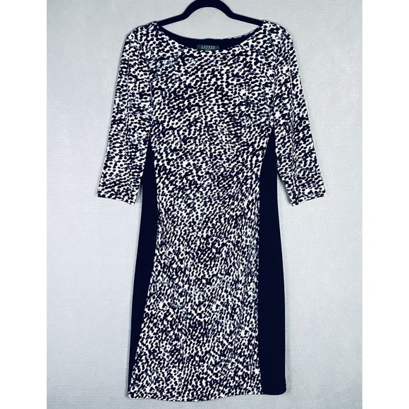Slimming Lauren Ralph Lauren Dress 12 Black Stretch Leopard Print 3/4 Sleeve - Picture 1 of 12